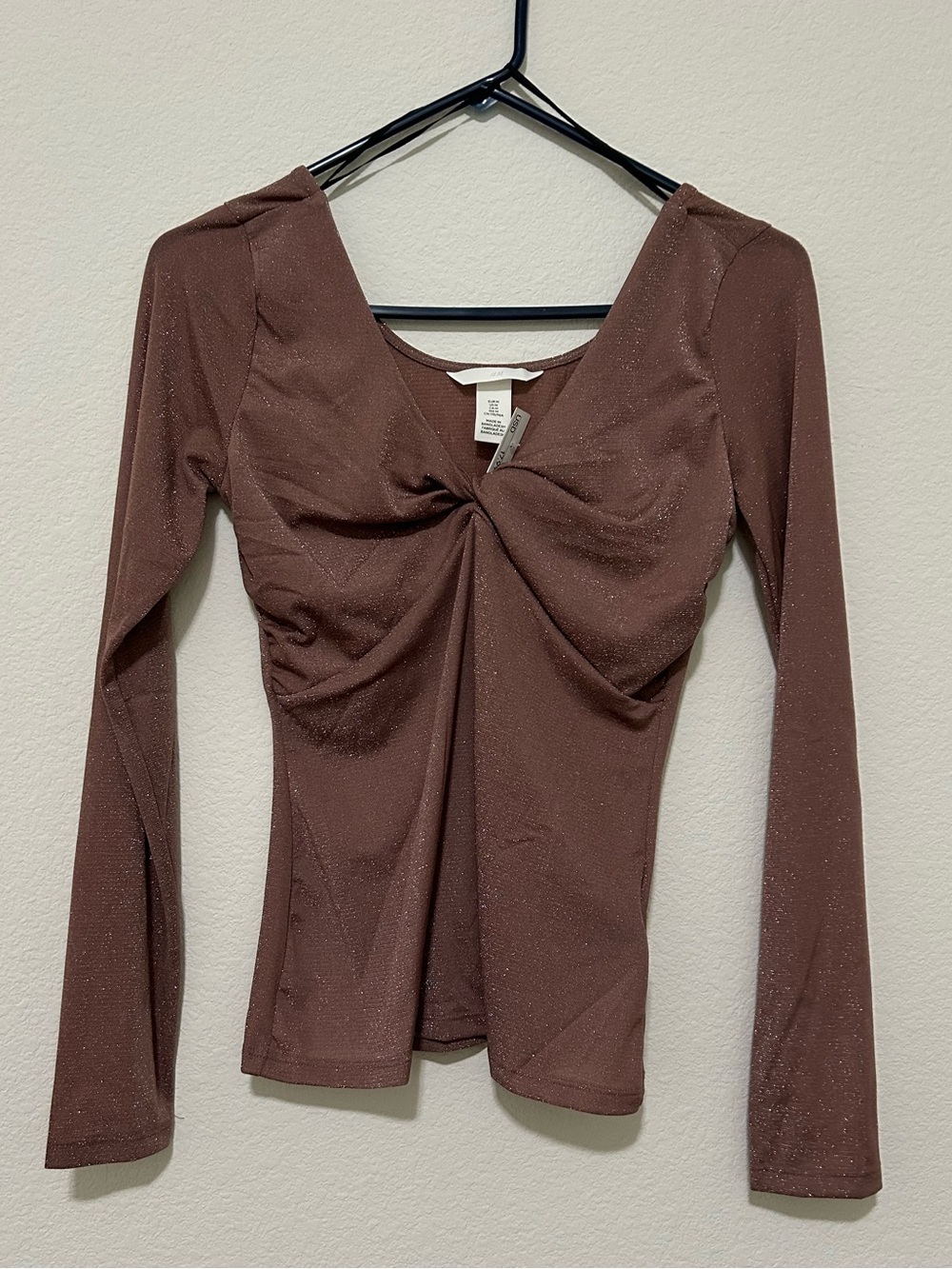 H&M Brown Twist-Front Long Sleeve Top with Subtle Shimmer